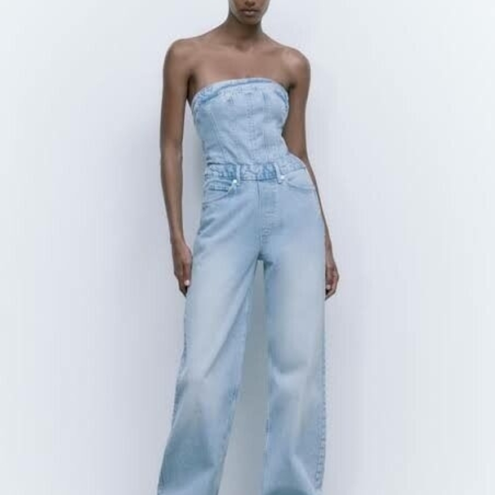 ZARA Light Blue Denim Strapless Wide-Leg Blogger's Favorite Jumpsuit Sz Large
